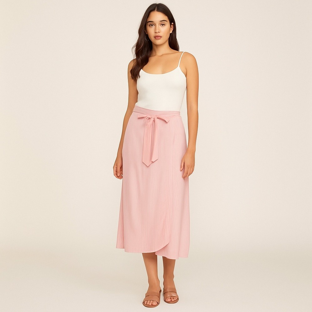 Skylar + Madison S Midi Skirt Pink White Striped Wrap Tie Waist Casual Boho Chic